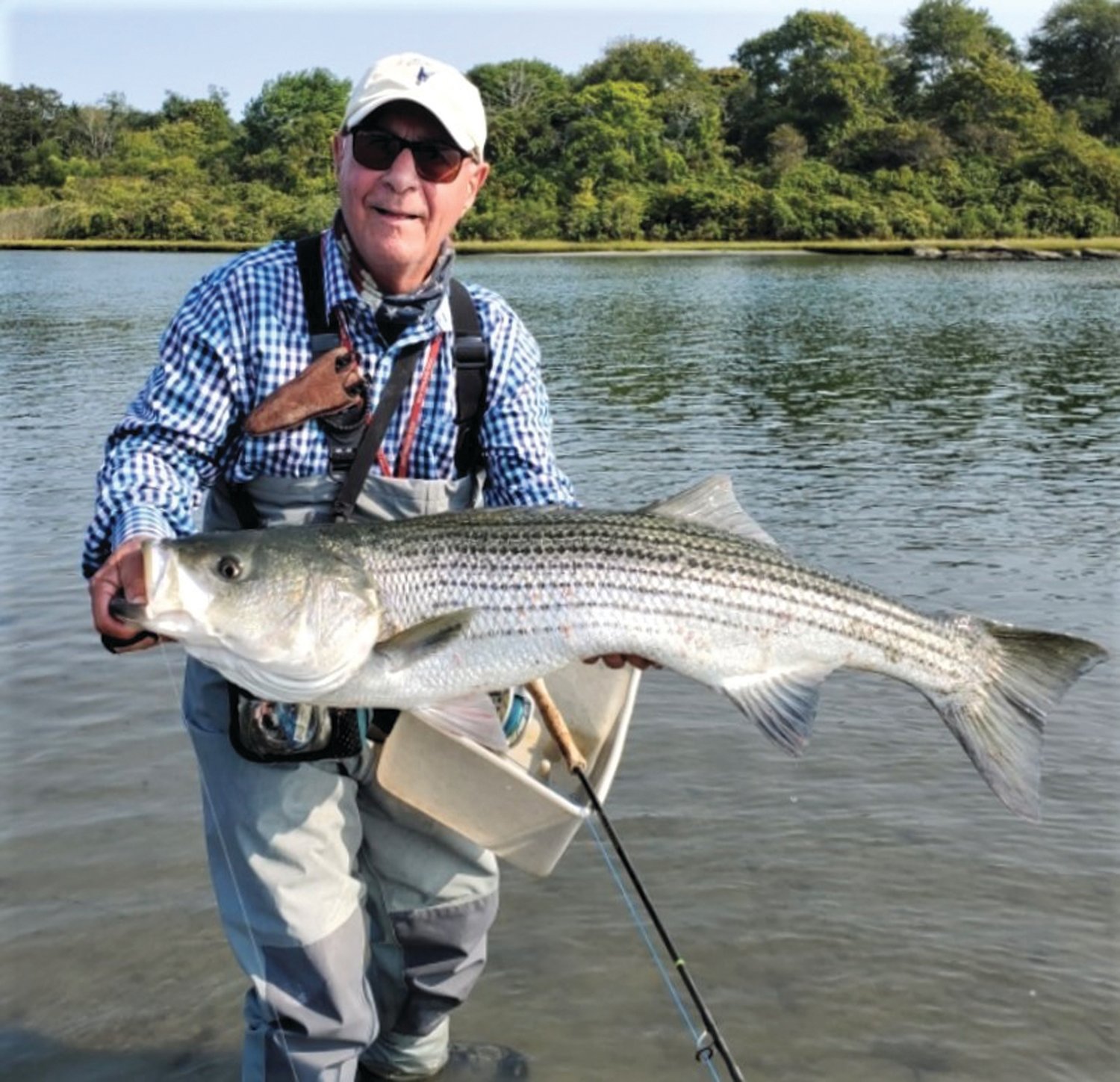FLY FISHING: Expert fly fishing guide Ed Lombardo with a striped bass caught on Narrow River, Narragansett, RI with a Hot Pink Ed’s Fly. (Submitted photo)